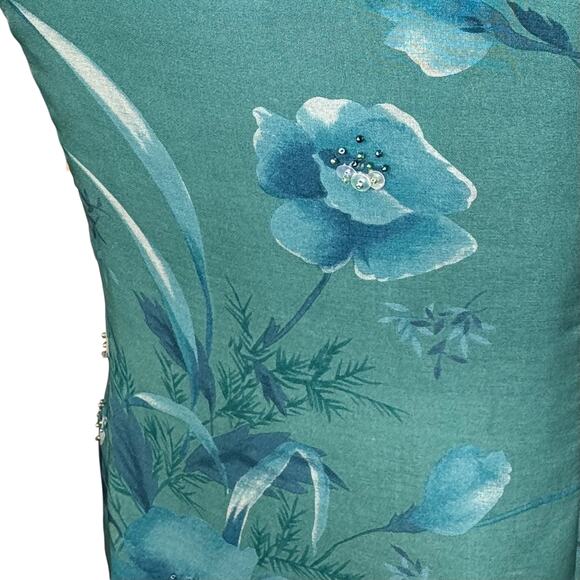 Vintage 90s Liz Claiborne 100% Silk Chiffon Dress Sz 6P Teal Floral Embellished - Picture 6 of 16